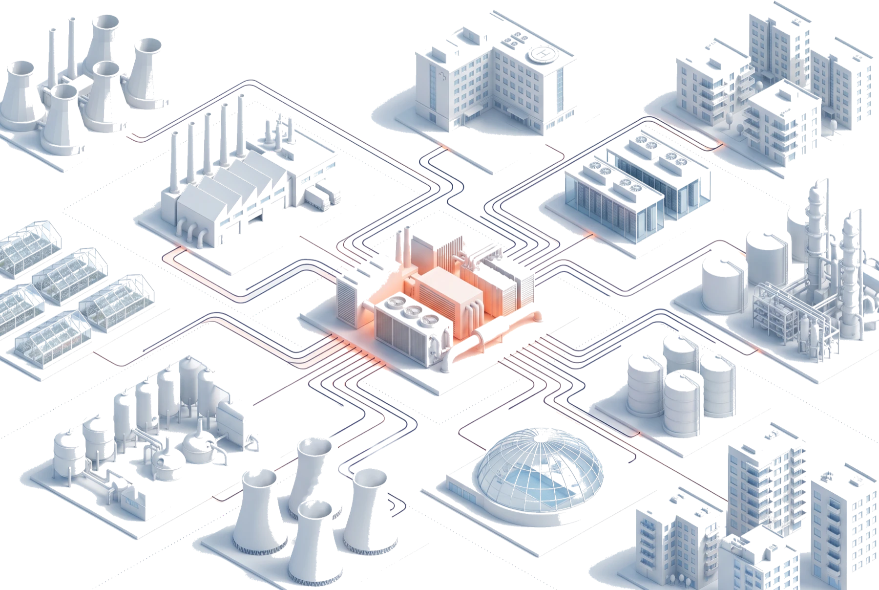 Netzwerk industrieller Wärmeverbraucher, angebunden an einen zentralen Großwärmepumpen-Hub von KelvinPlus