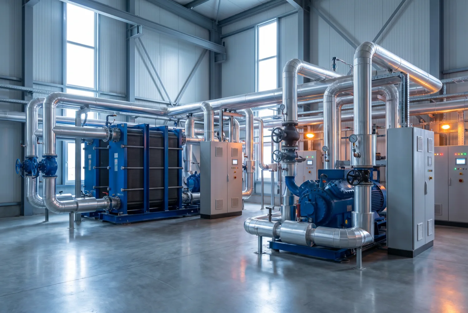 Schlüsselfertige KelvinPlus Großwärmepumpe, betriebsbereit montiert auf Stahlskid