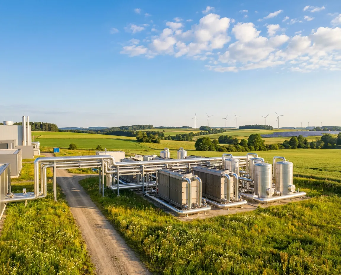 KelvinPlus Großwärmepumpe in grüner Landschaft mit Windkraft und Solar für saubere Wärme